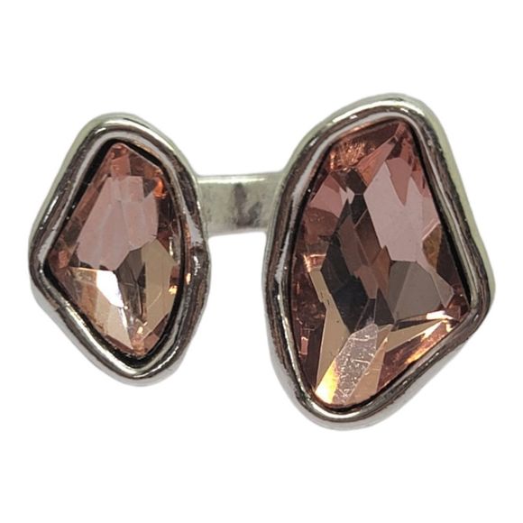 Simulated Morganite Crystal Freeform Silvertone Hammered Finish Ring - Picture 2 of 7